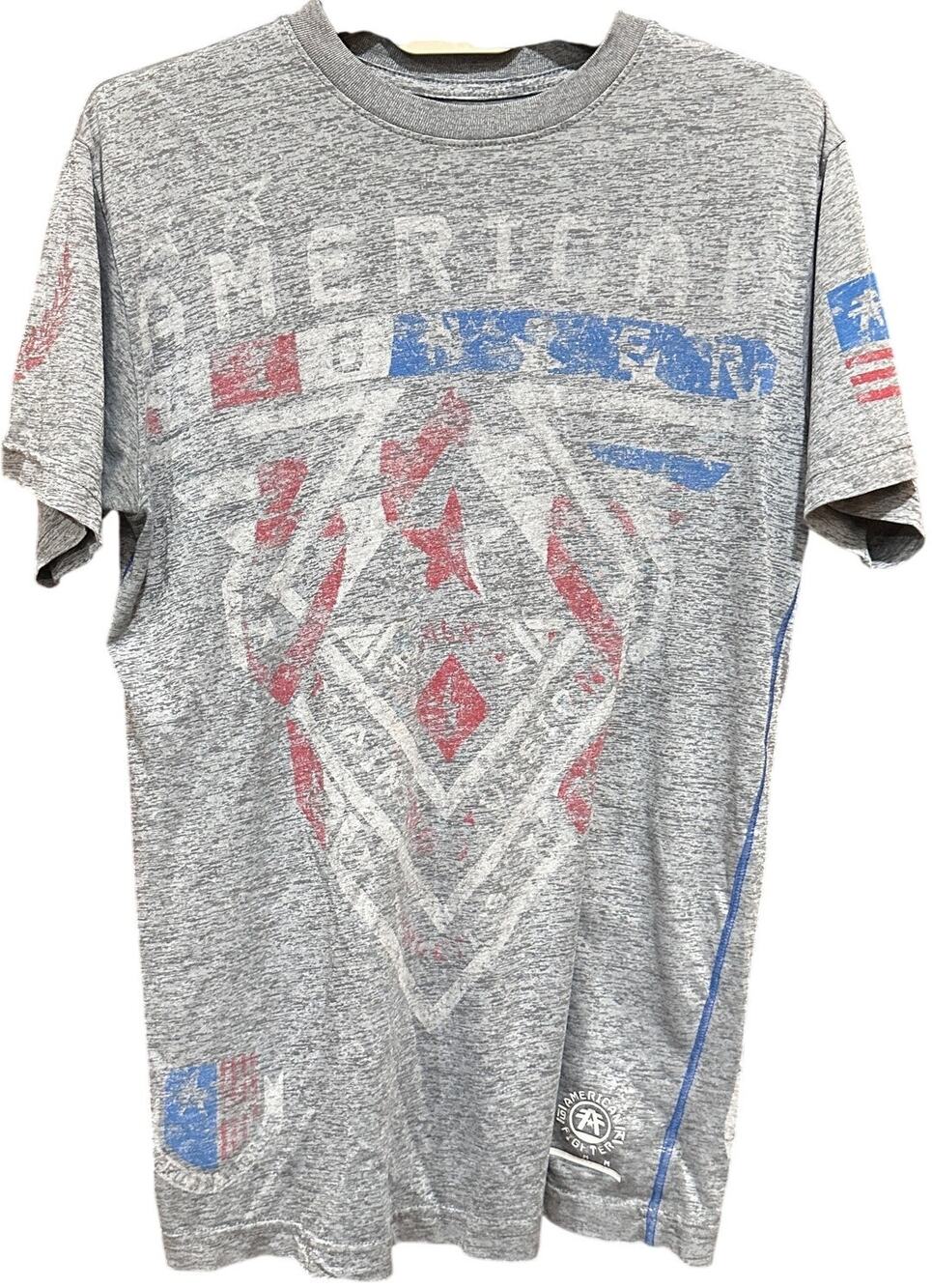 Buckle American Fighter Tee Shirt Mens Size S Gray Patriotic Tee Short Sleeve